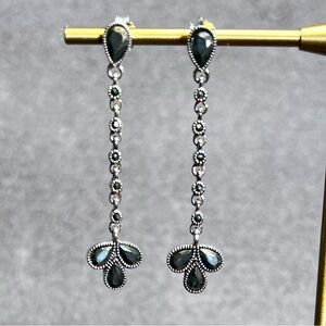 New Sterling Silver Drop Pear Marcasite Post Earrings w/Marcasite Fan Gift Box